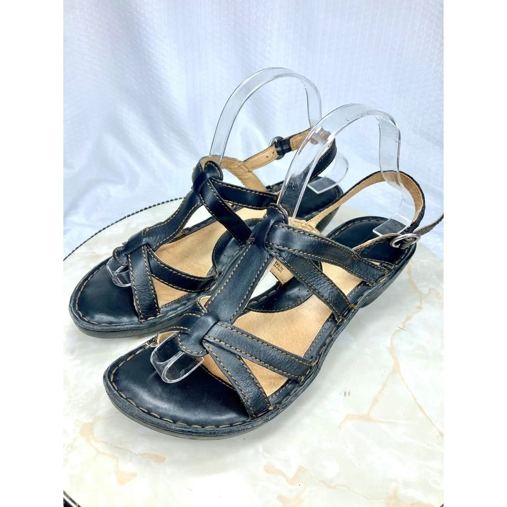 Born Leather Strappy Wedge Sandals Womens 8 Black Slingback Summer Comfort Heel